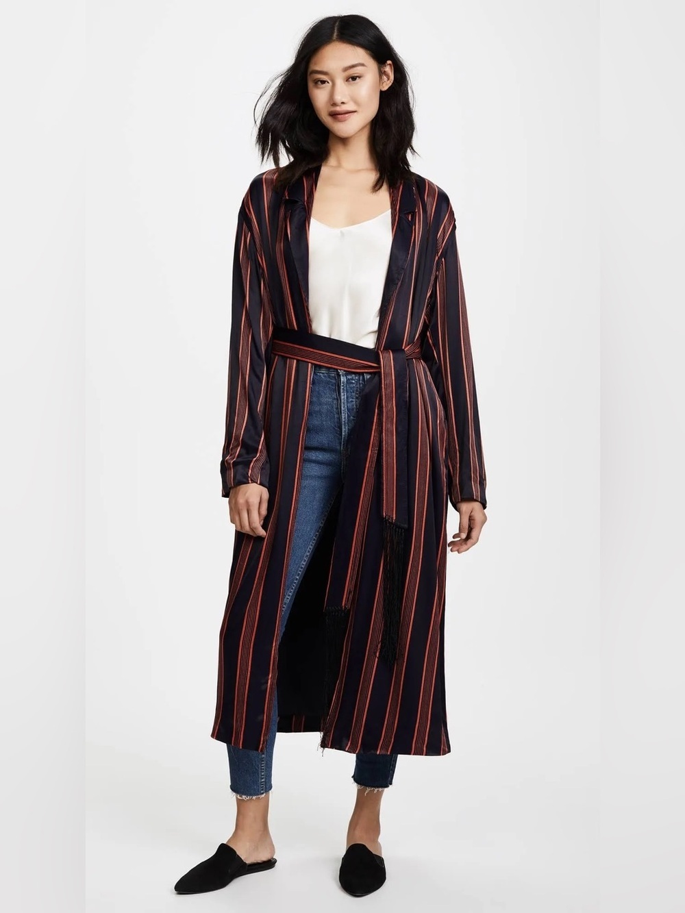 Rare Free People Atrium Duster XS Embroidered Striped Long Jacket Navy / Rust
